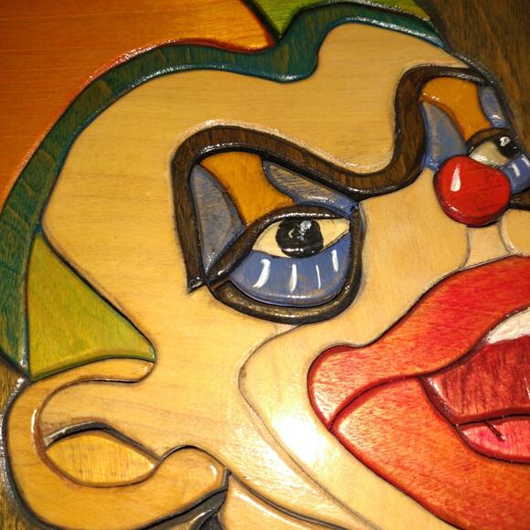 CREEPY CLOWN Colorful Art Picture Inlaid Wood JOKER JESTER Plaque 15x12 Signed - Picture 3 of 16